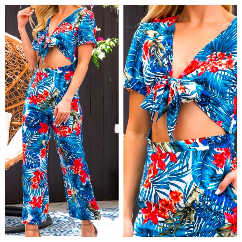 24 Blue boho tropical floral print open tie front straight leg tea jumpsuit
